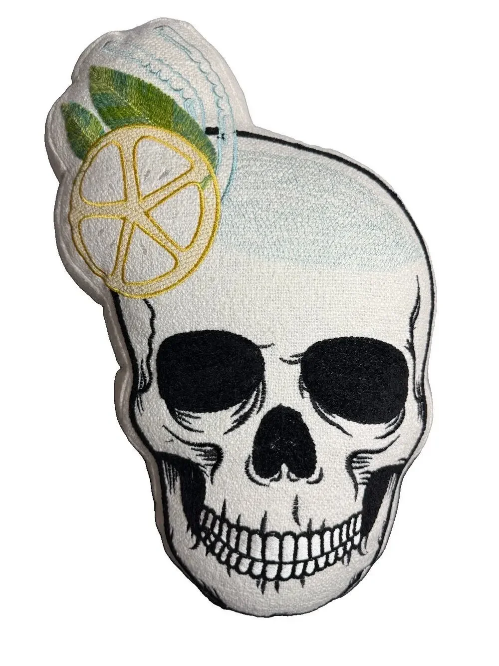 Mary & Edgar Embroidered Skull Margarita Pillow White NWOT Thread Defect
